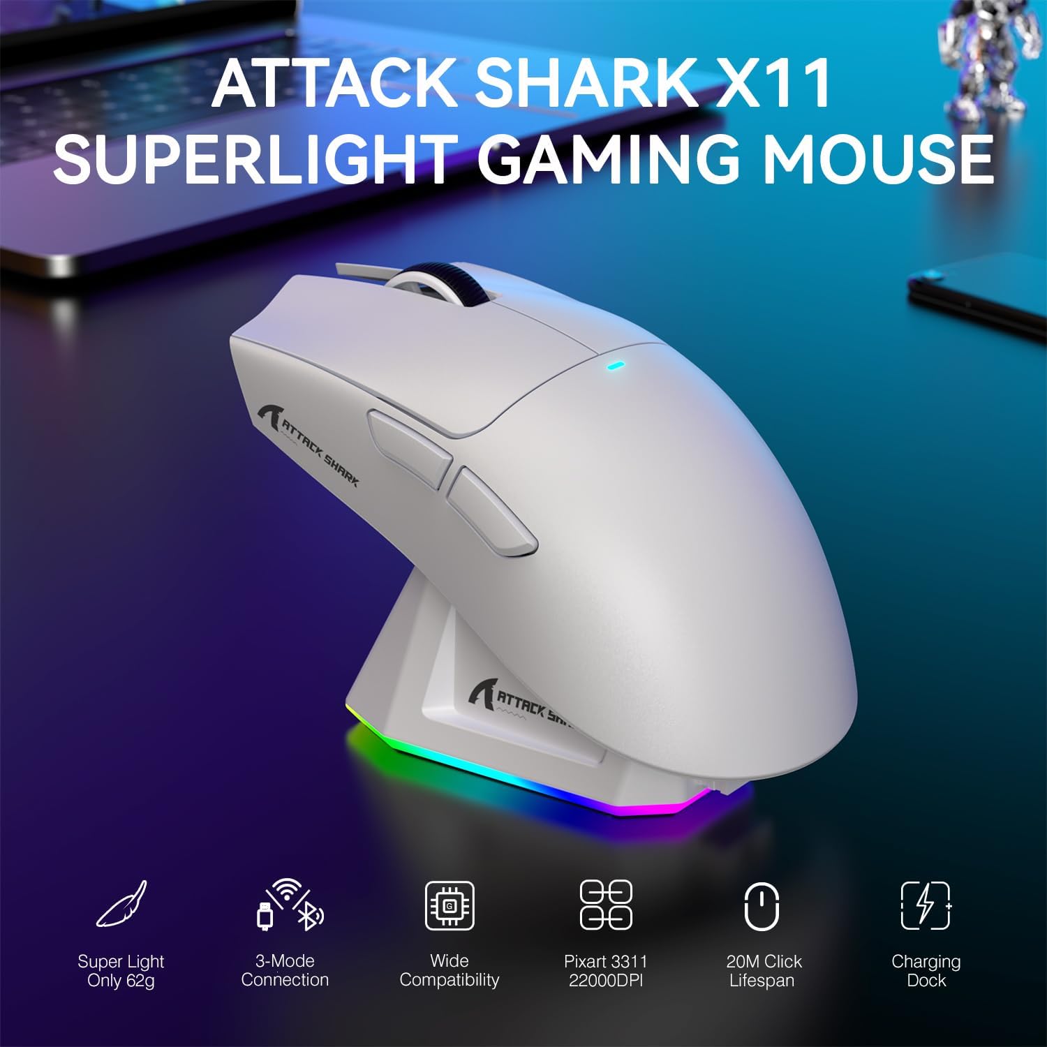 Attack Shark Wireless Gaming Mouse PAW3311 X11 Lightweight with RGB Charging Dock Attack Shark Wireless Gaming Mouse PAW3311 X11 Lightweight with RGB Charging Dock